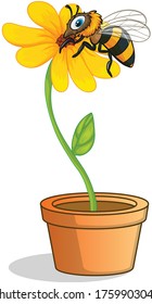 A bee and yellow flower cartoon vector art and illustration