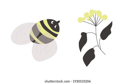 Bee with a yellow flower. Vector illustration. Artwork for banner, book design, web illustration, cards.