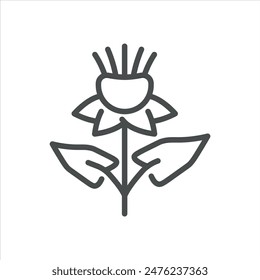 Beebalm-Blumensymbol. Einfache Liniendarstellung einer Beebalm-Blume, die die Kräuterproduktion und natürliche Inhaltsstoffe symbolisiert. Vektorgrafik-Symbol auf weißem Hintergrund.