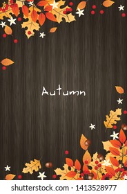 Beech leaves, oak leaves, red berries, chestnuts and white flowers frame on wood background vector for decoration on autumn festival advertising design.