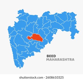 Beed District Map Highlighted in Red – Maharashtra, India