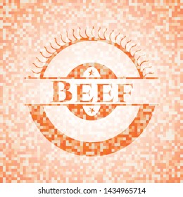 Beef abstract emblem, orange mosaic background