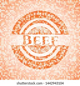 Beef abstract emblem, orange mosaic background