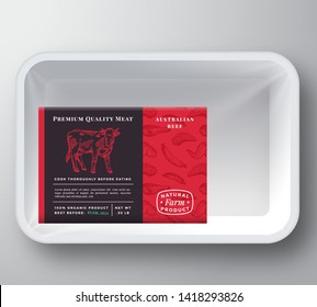 Beef Abstract Vector Plastic Tray Container Cover. Premium Quality Meat Packaging Design Label Layout. Hand Drawn Cow, Steak, Sausage, Wings and Legs Sketch Pattern Background. Isolated.