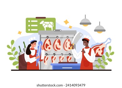 Beef aging process in butchery, steak production and storage. Tiny butchers holding thermometer to control temperature in rack with aged beef cuts, man cutting meat cartoon vector illustration