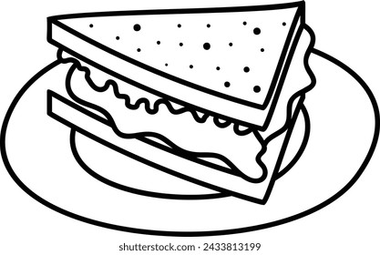 Beef and Bacon Club Sandwich with soda outline concept, bologna sandwich vector design, Fast Food hand draw symbol, Junk food sign, english american cuisine stock illustration