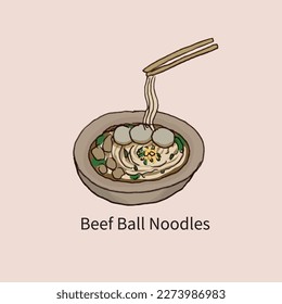 Beef ball noodles, hand drawn vector illustration