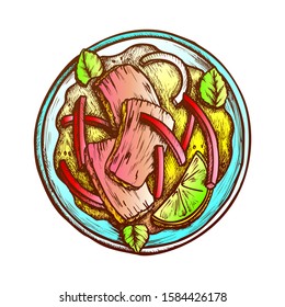 Beef With Basil, Lime, Pepper And Onion Ink Vector. Delicious Thailand Meal With Beef On Plate. Thai Cuisine Engraving Concept Template Hand Drawn In Vintage Style Color Illustration