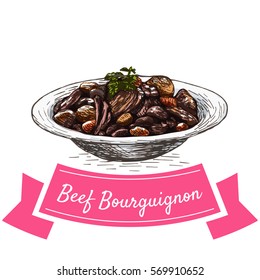 Beef Bourguignon ilustración colorida. Imagen vectorial de la cocina francesa.