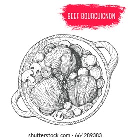 Beef bourguignon hand drawn vector illustration. French cuisine dish. Design sketch element.
