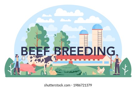 Beef breading typographic header. Meat production industry, butcher or meatman factory. Fresh meat and semi-finished products producing. Isolated vector illustration