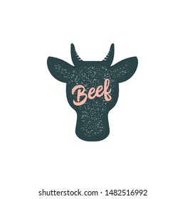Beef, bull, cow vintage silhouette. Retro logo print for Butchery meat shop and bbq. Meat business logo. Isolated silhouette bull.