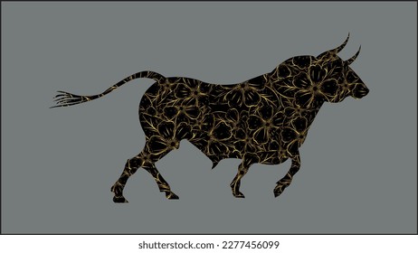 Beef bull toro decorative with golden flower pattern, Isolated beef bull animal with elegant golden flower pattern.