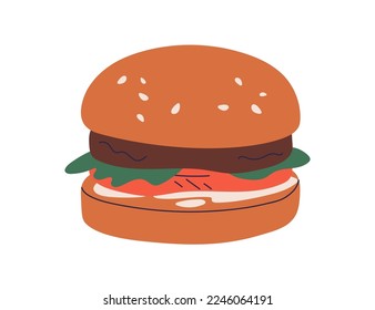 Beef burger, American fast food. Hamburger with meat, vegetables, sauce between buns. Unhealthy snack, sandwich with cutlet, lettuce, tomato. Flat vector illustration isolated on white background.