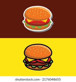 Beef burger with cheese, tomatoes, and salad as junk food isolated on yellow and chocolate background