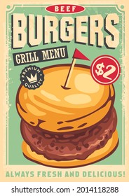 Beef burger graphic on old style poster art. Big hamburger on old paper texture. Fast food menu vector cover design.