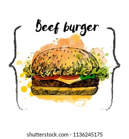 Beef burger illustration.Fast food. Hand drawn sketch and watercolor background.