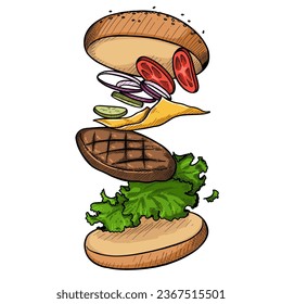 Beef burger layers hand drawn, meat burger hand drawing or hamburger vector illustration on white background