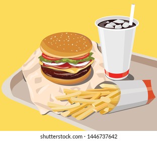 Beef burger set with french fries and soft drinks placed in a tray on a yellow background. Ready to eat. Fast food.