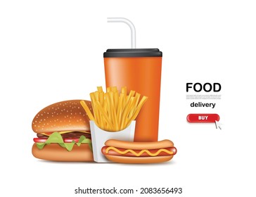 Beef burger with tomato and lettuce Place next to bread, sausages, and an orange soda can for fast food and food delivery concept,vector 3d isolated on white background for advertising design
