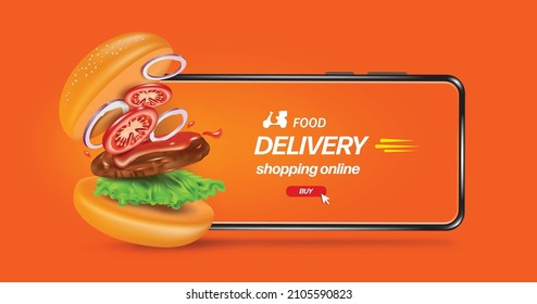 Beef burger with tomato and onion and lettuce floating in front of a smartphone for food delivery and online shopping concept design,vector 3d virtual on orange background