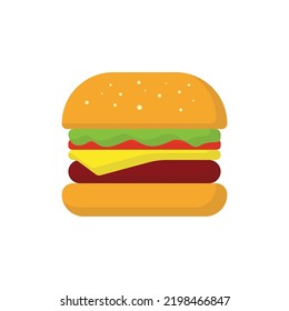 Beef Burger Vector Icon With Lettuce, Tomato And Cheese Isolated On White Background. Template Flat Icon Vector Style For Fast Food Restaurant, Burger Shop, Web, Apps, Or Business EPS10 Editable.
