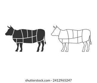 Plantilla de diagrama de carnicería de carne. Juego de iconos de línea de corte de carne. Plantilla de época para comestibles, carnicería, empaque de carne. Ilustración del vector