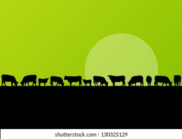 Beef cattle and milk cow herd in countryside field landscape illustration background vector