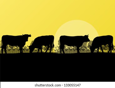 Beef cattle and milk cow herd countryside farm in wild nature mountain forest landscape illustration background vector