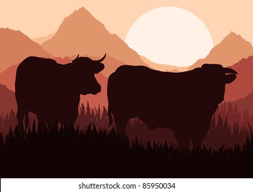 Beef cattle in wild nature landscape illustration