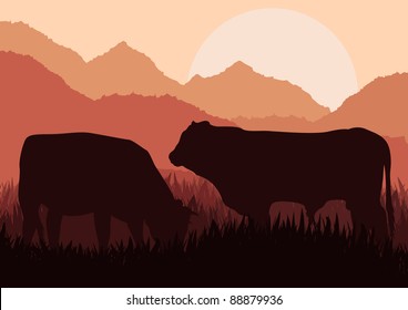 Beef cattle in wild nature landscape illustration