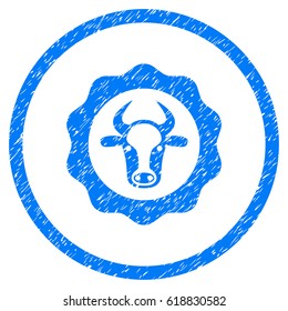 Beef Certificate grainy textured icon inside circle for overlay watermark stamps. Flat symbol with unclean texture. Circled vector blue rubber seal stamp with grunge design.