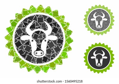 Beef certificate seal mosaic of bumpy elements in different sizes and shades, based on beef certificate seal icon. Vector irregular elements are composed into mosaic.