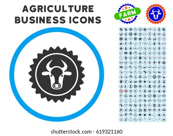 Beef Certificate Seal rounded icon with agriculture commercial pictogram clip art. Vector illustration style is a flat iconic symbol inside a circle, blue and gray colors.