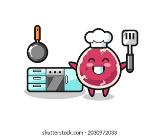 beef character illustration as a chef is cooking , cute style design for t shirt, sticker, logo element