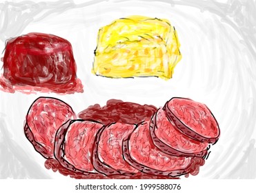 Beef cheeks with beetroot dressing and mashed potatoes and beetroot cream - hand made illustration