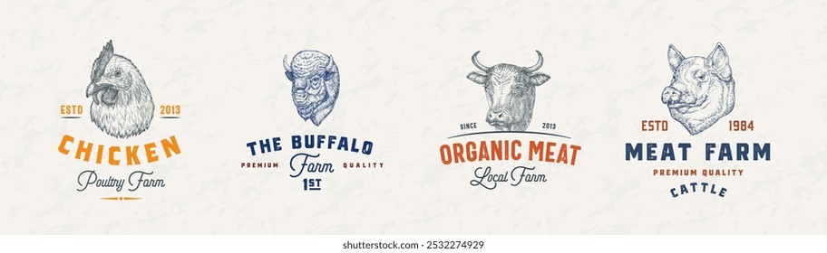 Carne de res, pollo y carne de cerdo insignias Logo Plantillas Colección. Animales domésticos dibujados a mano enfrentan bocetos con tipografía retro. Conjunto de diseño de emblemas de grabado de Antiguas aislado