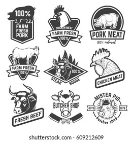 Beef, chicken, pork meat labels. Butchery. Design elements for logo, emblem, badge. Vector illustration