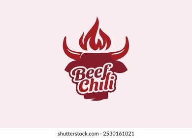 Logo de chile de res con una combinación de cabeza de vaca, fuego y chile como cuernos. Es bueno para el restaurante, la cafetería, el camión de la comida, el etc.