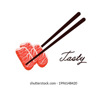 Beef with chopsticks and hand written font isolated on white background vector illustration.