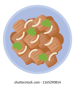 Beef chunk with wrapped noodles depicting grilled beef 