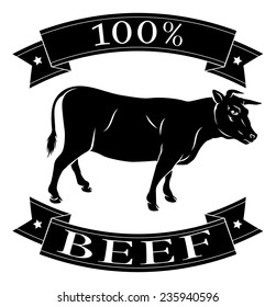Beef cow 100 percent label with cow or bull and reading 100 percent beef 