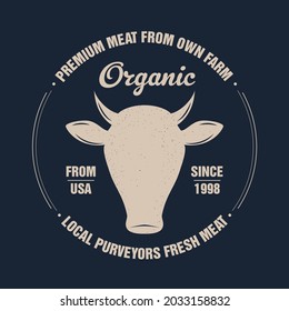 Beef, cow, bull. Vintage typography, lettering, retro print, cow head silhouette with lettering text Beef