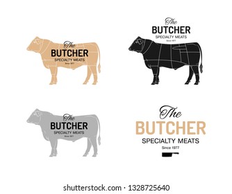 
Beef cow butcher meat shop logotype or sign. Calf bull Angus isolated on white background. Cattle logo. Butchery sign. Farm symbol. Poultry. Black and white emblem, symbol, silhouette. Stamp. Vector 