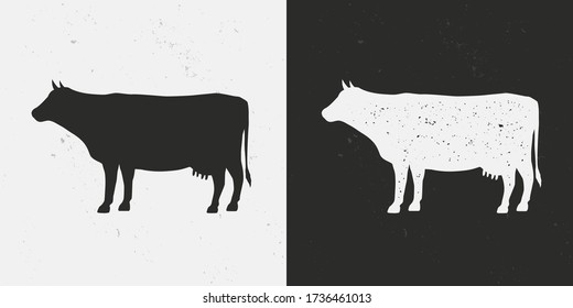 Beef, Cow icons isolated on white and black backgrounds. Cow silhouette with grunge texture. Vintage farm icon. Beef template for meat store, grocery, butcher shop. Vector illustration