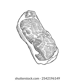 Beef Cowboy Steak Drawing Illustration, Black Outlines on White Background, Engraving Style.