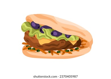 Beef cutlet, olives, cheese and lettuce in pita wrap. Greek snack, flatbread sandwich with tasty filling. Meat, greens, fried onion in pitta. Flat vector illustration isolated on white background