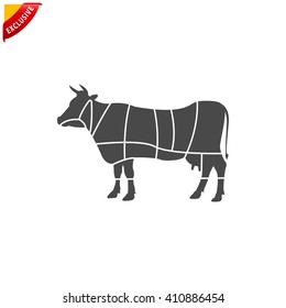 beef cuts chart  icon, vector silhouette cow, isolated butcher sign