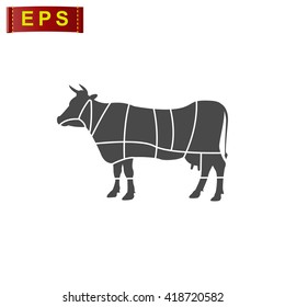 beef cuts chart  icon, vector silhouette cow, isolated butcher sign