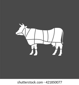 beef cuts chart  icon, vector silhouette cow, isolated butcher sign
